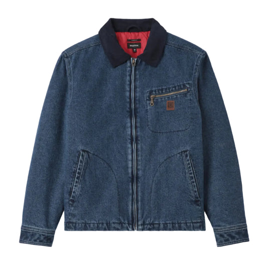 Rinsed denim Brixton zipper jacket with with a corduroy collar and a zipper pocket on the chest on a white background