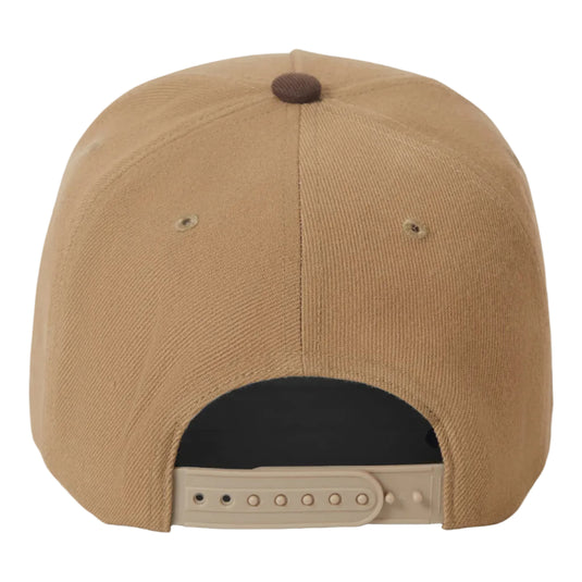 Brown baseball cap with a brown button on a white background. Snapback adjustable closure. 
