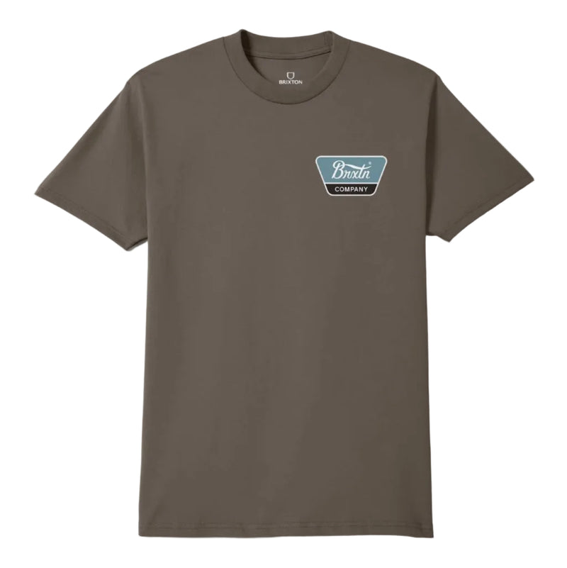Load image into Gallery viewer, A brown short-sleeve crewneck t-shirt with a small blue and white chest graphic, displayed flat against a light gray background.
