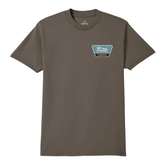 A brown short-sleeve crewneck t-shirt with a small blue and white chest graphic, displayed flat against a light gray background.