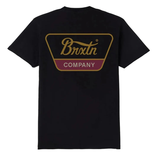 A black short-sleeve t-shirt shown from the back, featuring a large graphic print of the Brixton Company logo in gold and burgundy on the upper back.