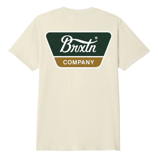Made from soft, breathable cotton, this beige Brixton short sleeve tee has and front and back graphics in green and bronze colors with a nod to vintage garage-inspired wear.  