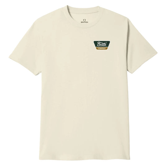 Made from soft, breathable cotton, this beige Brixton short sleeve tee has and front and back graphics in green and bronze colors with a nod to vintage garage-inspired wear.  