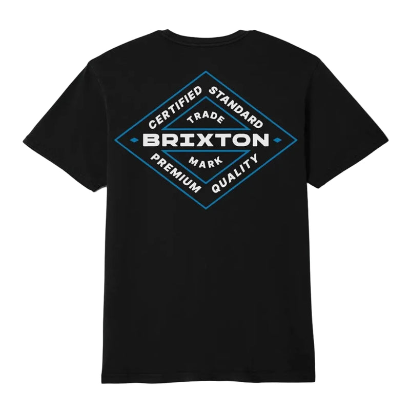 Load image into Gallery viewer, Black t-shirt with a blue diamond 'Brixton' graphic on a white background
