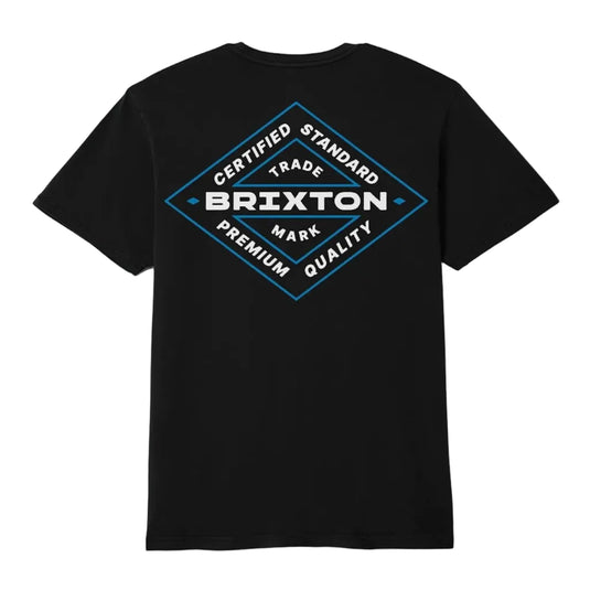 Black t-shirt with a blue diamond 'Brixton' graphic on a white background
