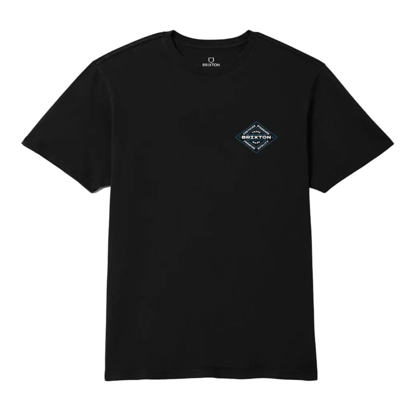 Load image into Gallery viewer, A black short-sleeve crewneck t-shirt with a small light blue and white diamond-shaped logo on the left chest, displayed on a light gray background.
