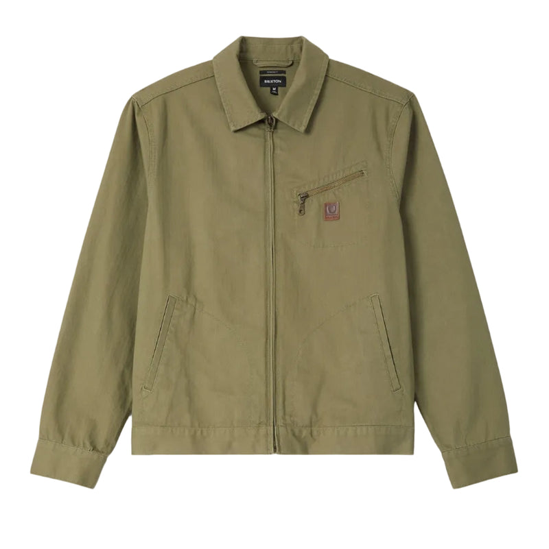 Load image into Gallery viewer, An olive green utility jacket with a zip-up front, collar, and chest pocket, displayed flat against a light gray background.
