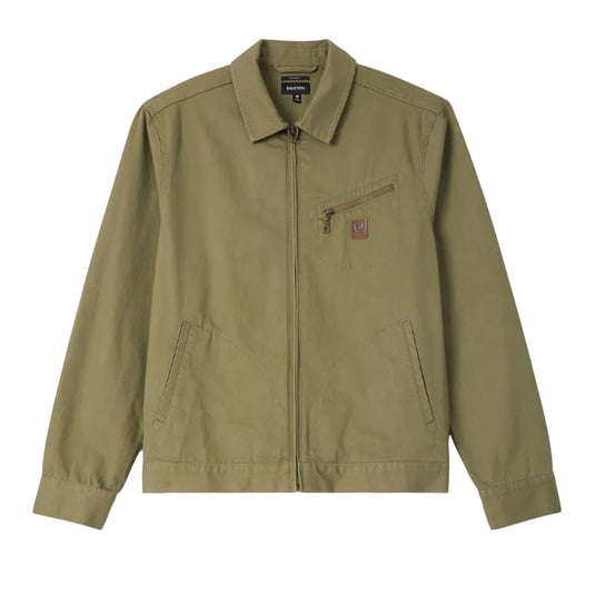 An olive green utility jacket with a zip-up front, collar, and chest pocket, displayed flat against a light gray background.
