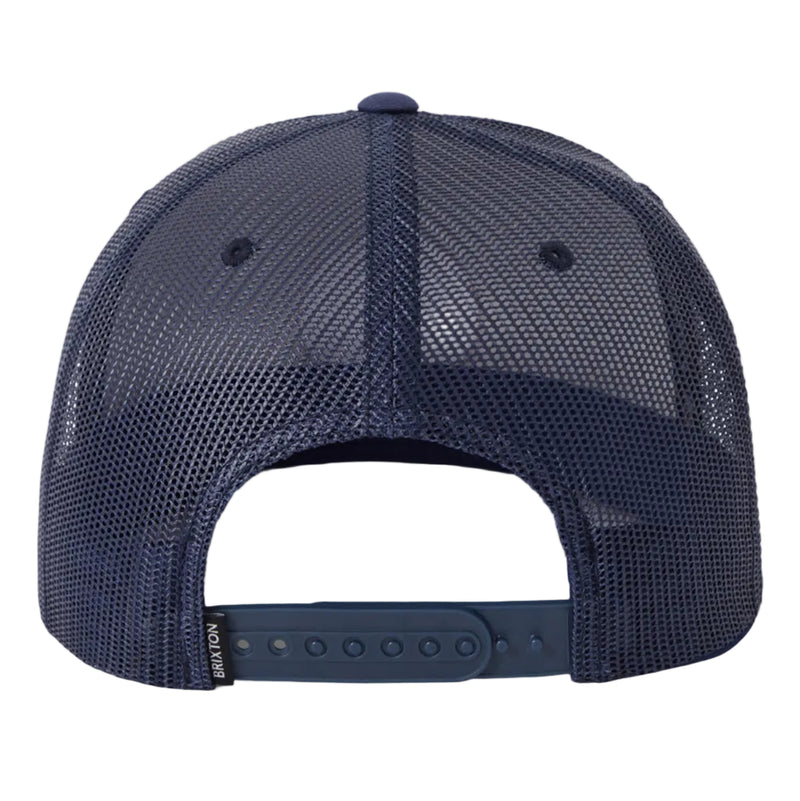 Load image into Gallery viewer, A navy blue mesh back baseball cap shown from the back, featuring a dark navy adjustable strap with a plastic button closure on a light gray background.
