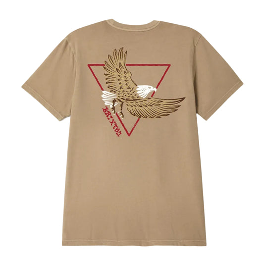 Beige t-shirt with eagle graphic and red triangle on a white background