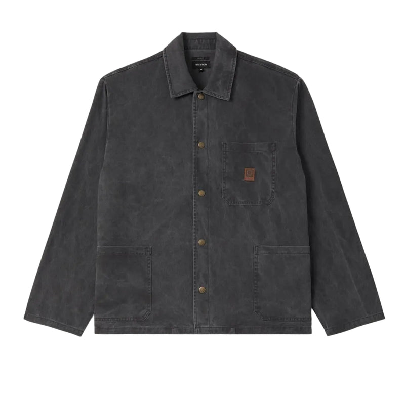 Load image into Gallery viewer, Washed black collared jacket with a left chest pocket and a snap front closure. 
