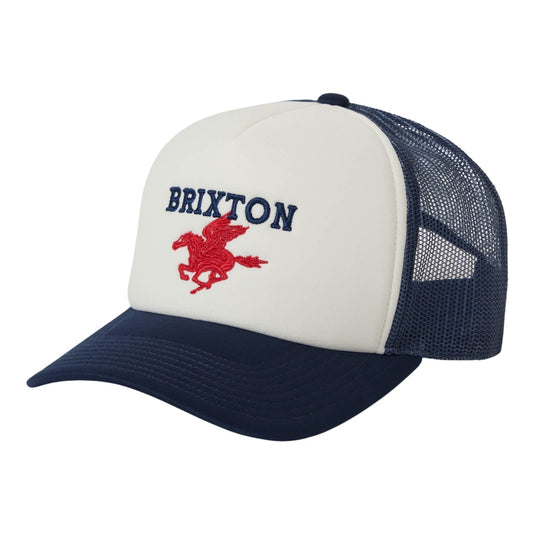 The Pegasus MP Trucker Hat blends bold heritage graphics with sustainable design, featuring a striking red pegasus embroidery and an eco-friendly Bureo NetPlus® navy visor made from recycled fishing nets.