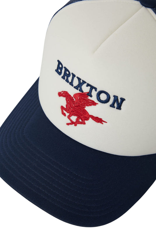 Brixton Pegasus MP Trucker Hat  featuring a striking red pegasus embroidery and navy visor.