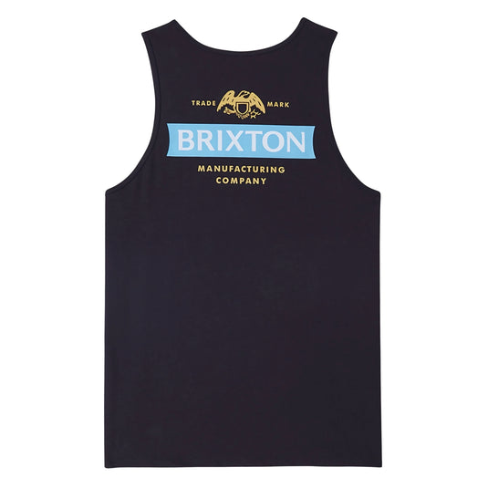 A tailored fit cotton tank top with Brixton trademark graphic logo screenprint on the front left chest and back.