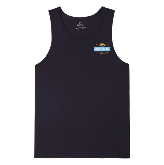 A tailored fit cotton tank top with Brixton trademark graphic logo screenprint on the front left chest and back.