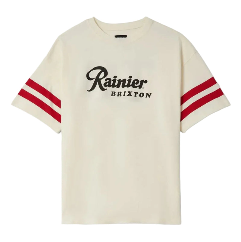 Load image into Gallery viewer, Beige t-shirt with red stripes and 'Rainier Brixton' text on a white background
