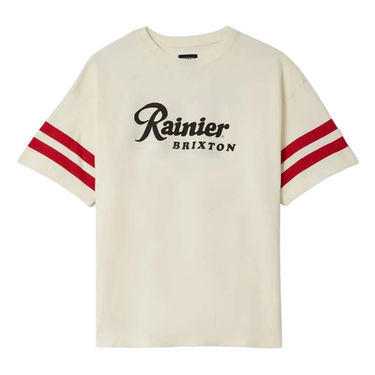 Beige t-shirt with red stripes and 'Rainier Brixton' text on a white background