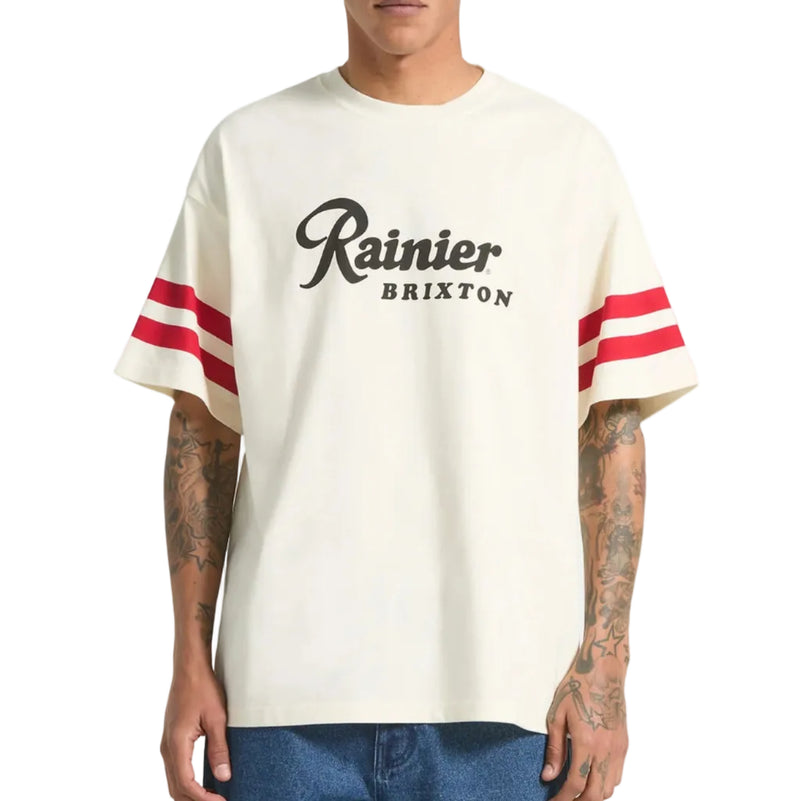 Load image into Gallery viewer, Man wearing a white t-shirt with 'Rainier Brixton' logo and red stripes, standing against a white background.
