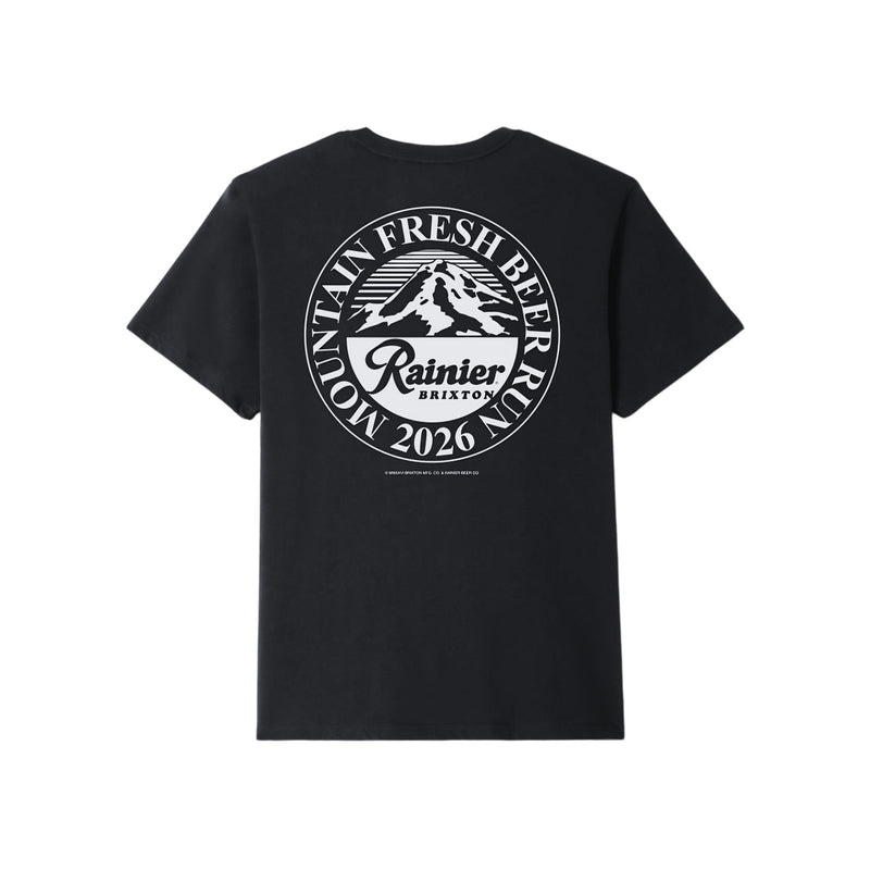 Load image into Gallery viewer, A classic standard fit short sleeve cotton t-shirt with an officially licensed "Rainier" beer graphic logo screenprint on the front and back.

