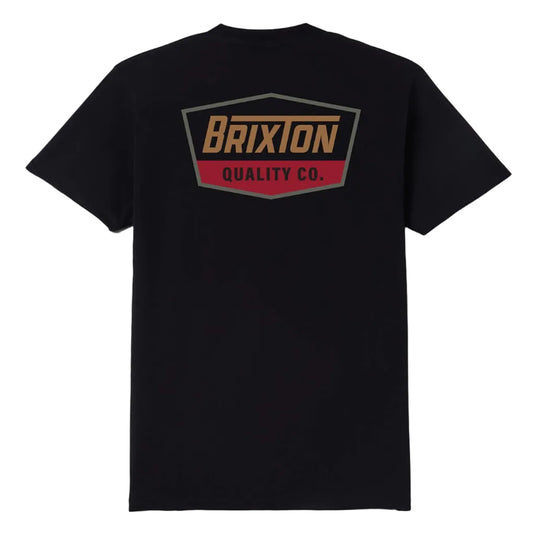 A black short-sleeve t-shirt shown from the back, featuring a large graphic print on the upper back with the text 'Brixton Quality Co.' in gold and red.