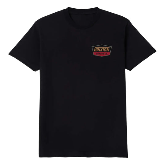 A black short-sleeve crewneck t-shirt with a small 'Brixton' logo patch on the left chest, displayed flat against a light gray background.