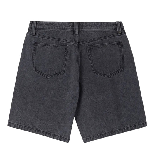 Dark gray washed denim shorts shown from the back, featuring two large patch pockets and a button closure, on a light gray background.
