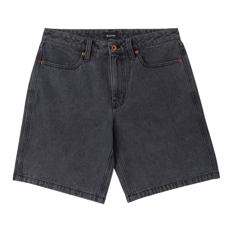 Load image into Gallery viewer, Dark gray washed denim shorts with a classic five-pocket design, laid flat on a light gray background.
