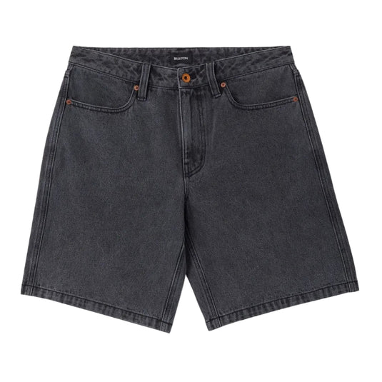 Dark gray washed denim shorts with a classic five-pocket design, laid flat on a light gray background.
