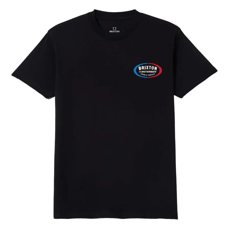 Load image into Gallery viewer, Black t-shirt with a logo on the chest against a white background
