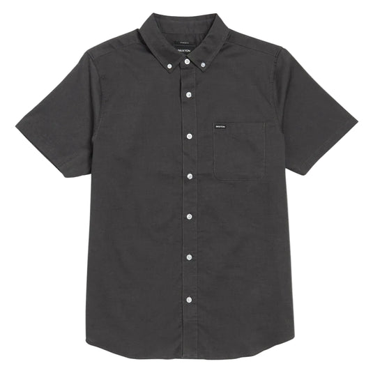 Charcoal gray brixton button-up collared shirt with a chest pocket and a 'Brixton' label. 