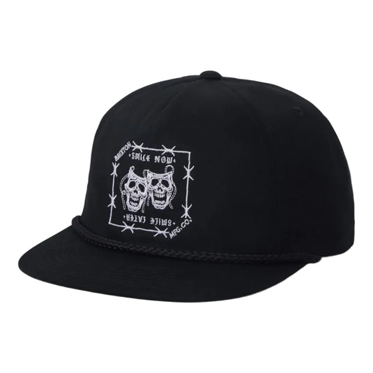 Black cap with white logo on a light gray background