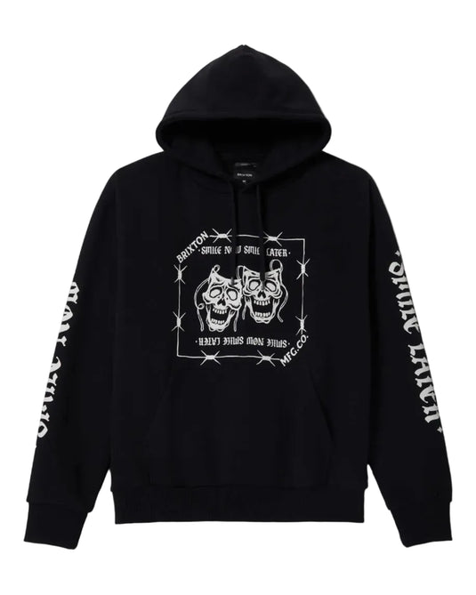 Black Brixton pullover hoodie with graphic on center chest. Sleeves say 