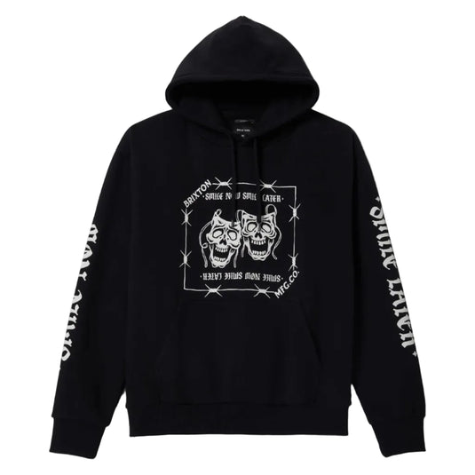Black Brixton hoodie with two laughing masks with "Smile Now, Smile Later" text on the front and along the sleeves. 