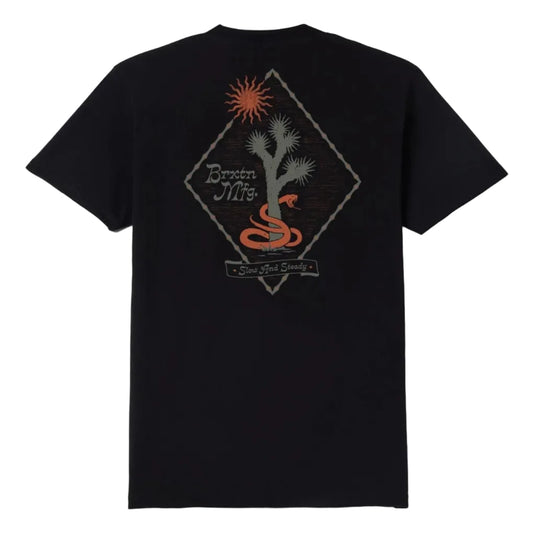 Black tee with a diamond desert Brixton graphic printed o the back. 