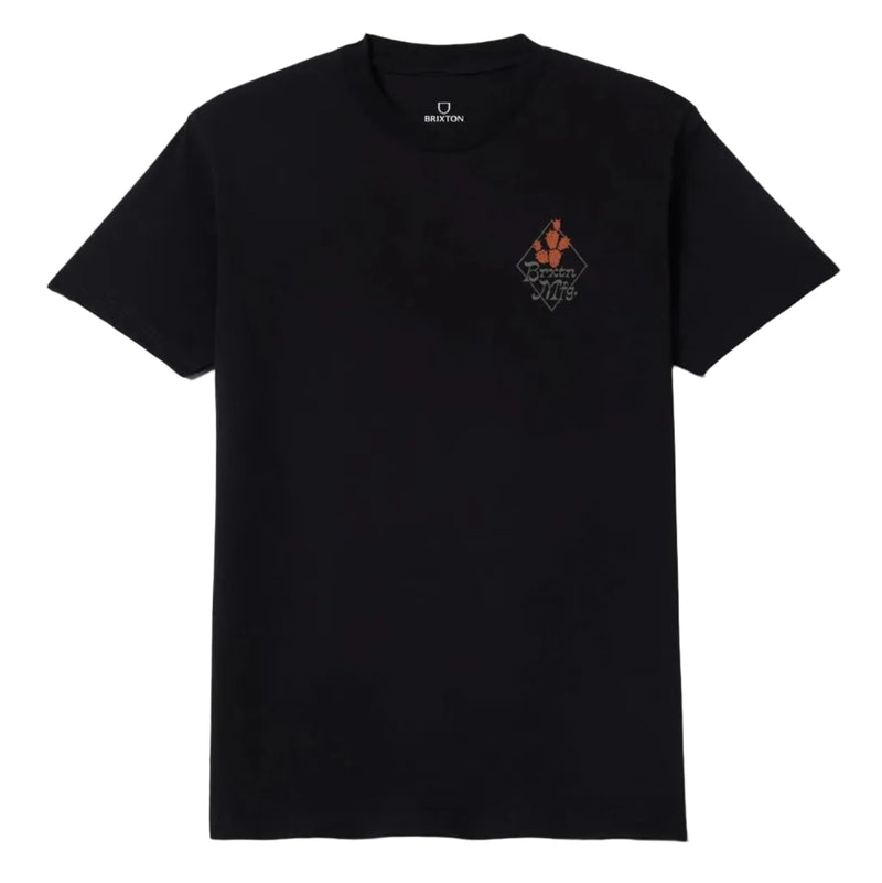 Load image into Gallery viewer, A black short-sleeve crewneck t-shirt with a small orange and white graphic on the left chest, displayed flat against a light gray background.
