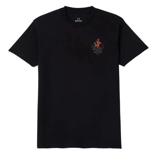A black short-sleeve crewneck t-shirt with a small orange and white graphic on the left chest, displayed flat against a light gray background.