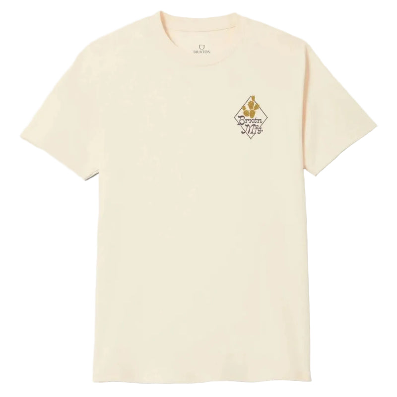 Load image into Gallery viewer, A light cream-colored short-sleeve t-shirt with a small graphic on the left chest, displayed flat against a light gray background.
