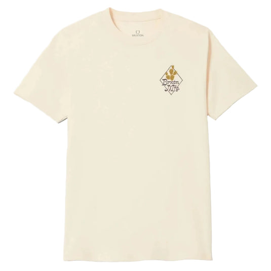 A light cream-colored short-sleeve t-shirt with a small graphic on the left chest, displayed flat against a light gray background.