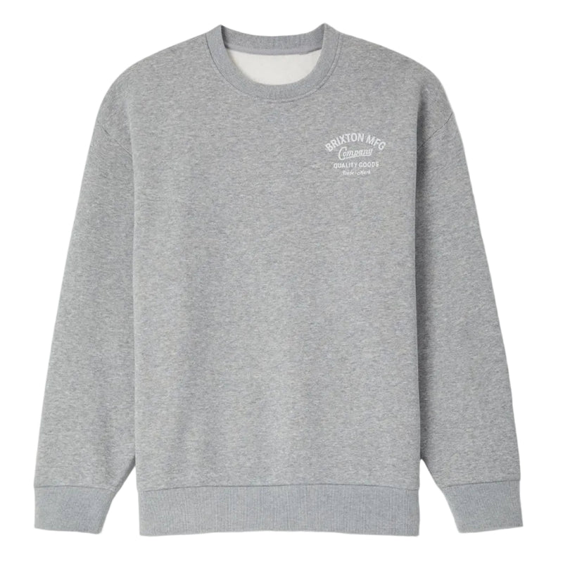 Load image into Gallery viewer, A heather gray crewneck sweatshirt with a small white graphic print on the left chest, displayed against a light gray background.
