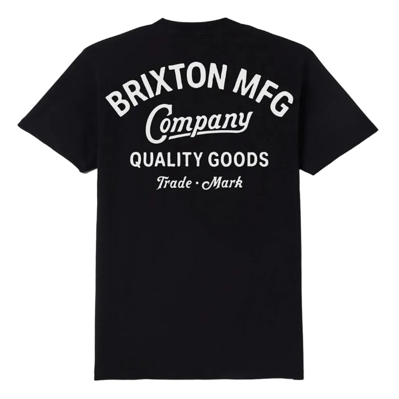 Load image into Gallery viewer, A black short-sleeve t-shirt shown from the back, featuring a white graphic print that reads 'BRIXTON MFG Company QUALITY GOODS Trade Mark'.
