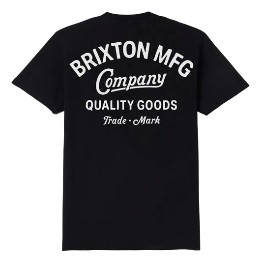 A black short-sleeve t-shirt shown from the back, featuring a white graphic print that reads 'BRIXTON MFG Company QUALITY GOODS Trade Mark'.