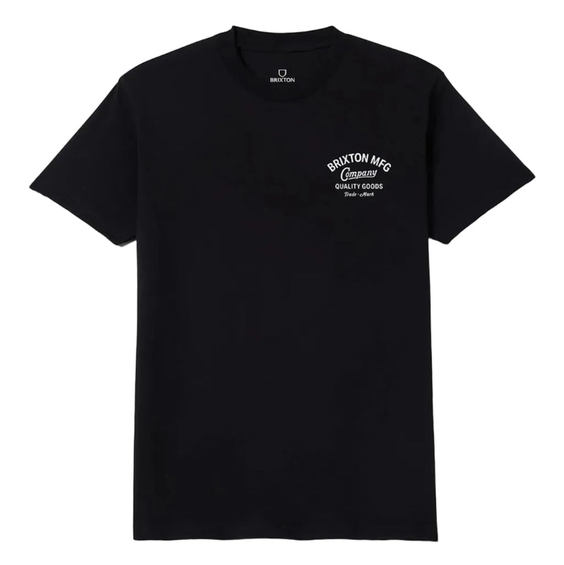 Load image into Gallery viewer, Black tee with 'Brixton MFG Company' printed on left chest on a white background.
