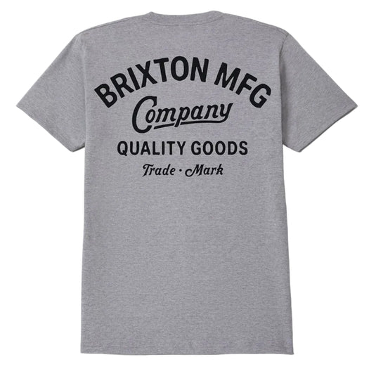 Heather gray shirt with 'Brixton MFG Company Quality Goods Trademark;' printed on the back.