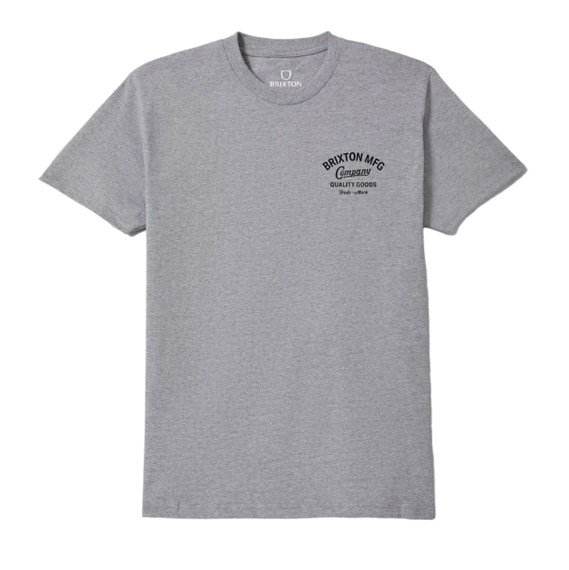 Load image into Gallery viewer, A heather gray short-sleeve crewneck t-shirt with a small black graphic on the left chest reading 'BRIXTON MFG COMPANY' and 'QUALITY GOODS'
