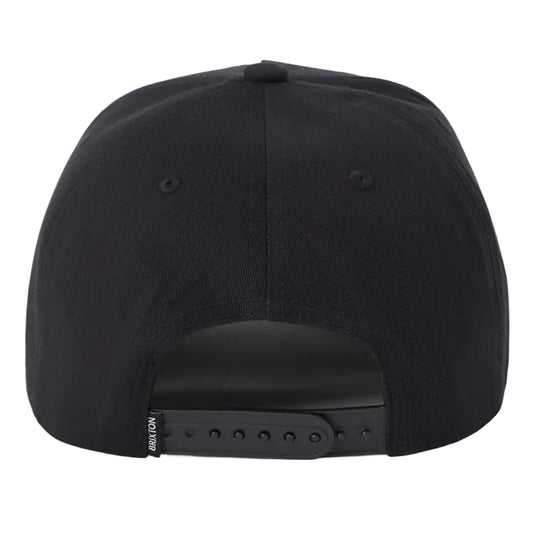 The back view of a black snapback cap on a light gray background, showing the adjustable black strap and a small white brand tag reading 'BRIXTON'.
