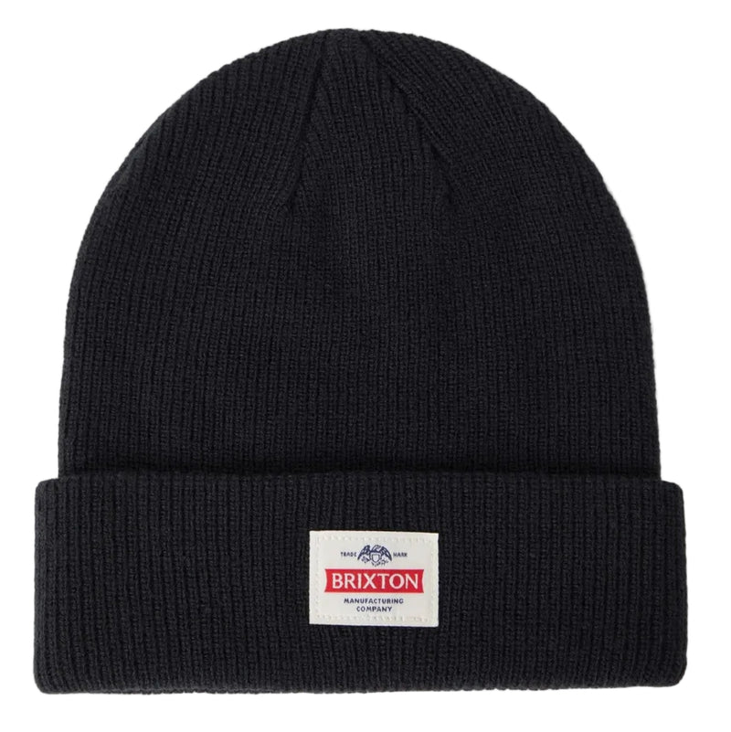 Load image into Gallery viewer, A black ribbed knit beanie hat with a folded cuff, featuring a small rectangular Brixton logo patch on the front, set against a plain white background.
