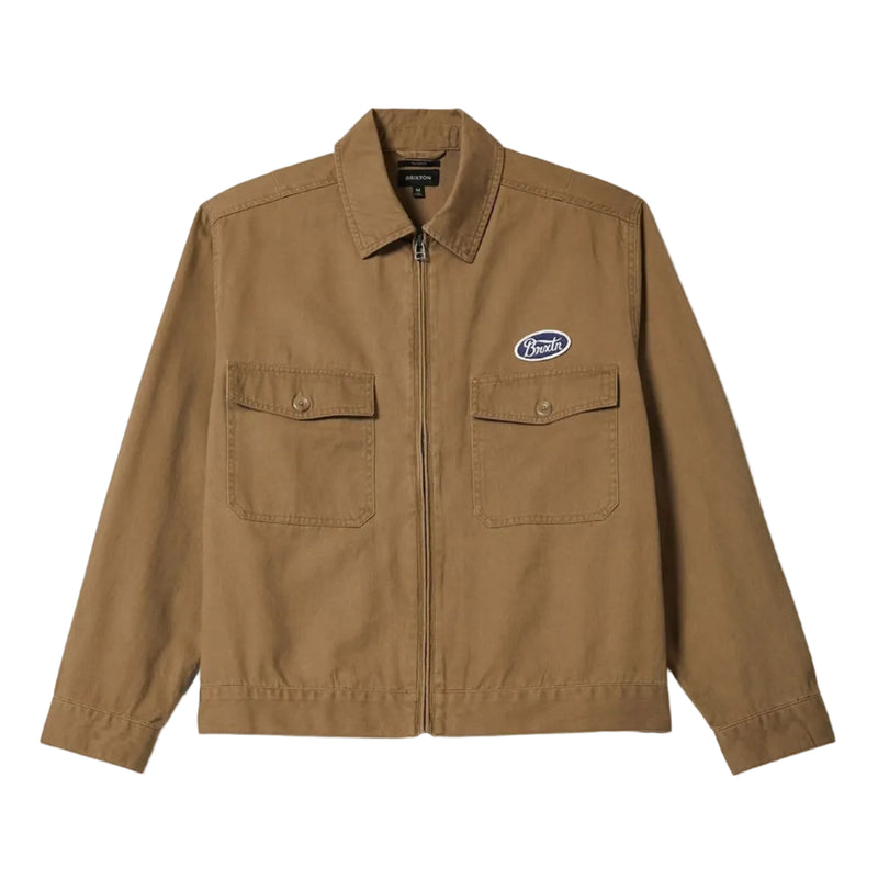 Load image into Gallery viewer, Brown jacket with a brand logo on a white background. Two breast pockets and a collared neck. 
