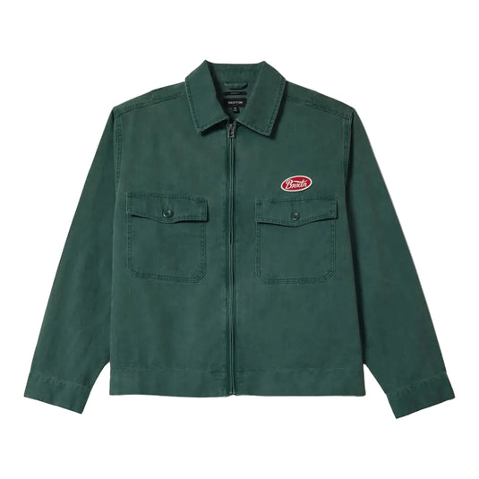 Green jacket with a logo on a white background.  Two breast pockets and a collared neck. 