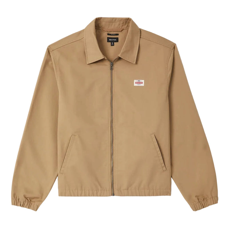 Load image into Gallery viewer, Khaki Zipper jacket with a Brixton Trademark patch on the chest. 

