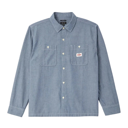 Flat lay image of a Light Blue striped collared button down Brixton shirt with two chest pockets